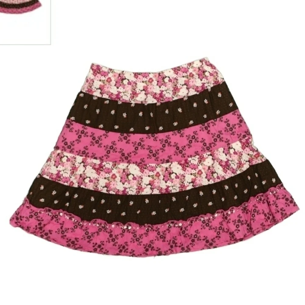 👗 Justice Color Block Skirt Pink Brown Girl's Size 10 Sequins Eyelet Embroidery